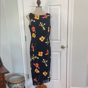 Nicole studio linen Floral Black sleeveless fringe Dress cottage core women’s 10